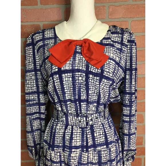 Vintage 80s Jonathan Martin Midi Dress Bow Detail Blouson Sleeves Belted Size 9 - Picture 2 of 10